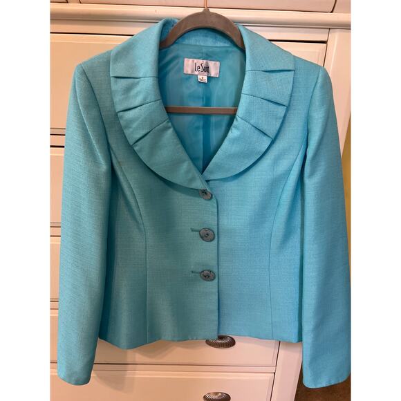 Le Suit Turquoise Blue Skirt Suit Blazer & Skirt Set Women's Size 8 - Picture 8 of 10